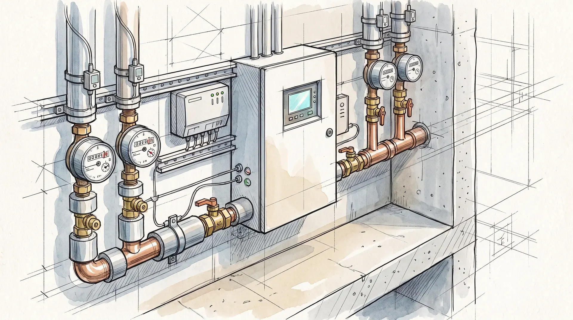 Teknisk illustration av rörsystem med mätare och styrenhet mot vägg.