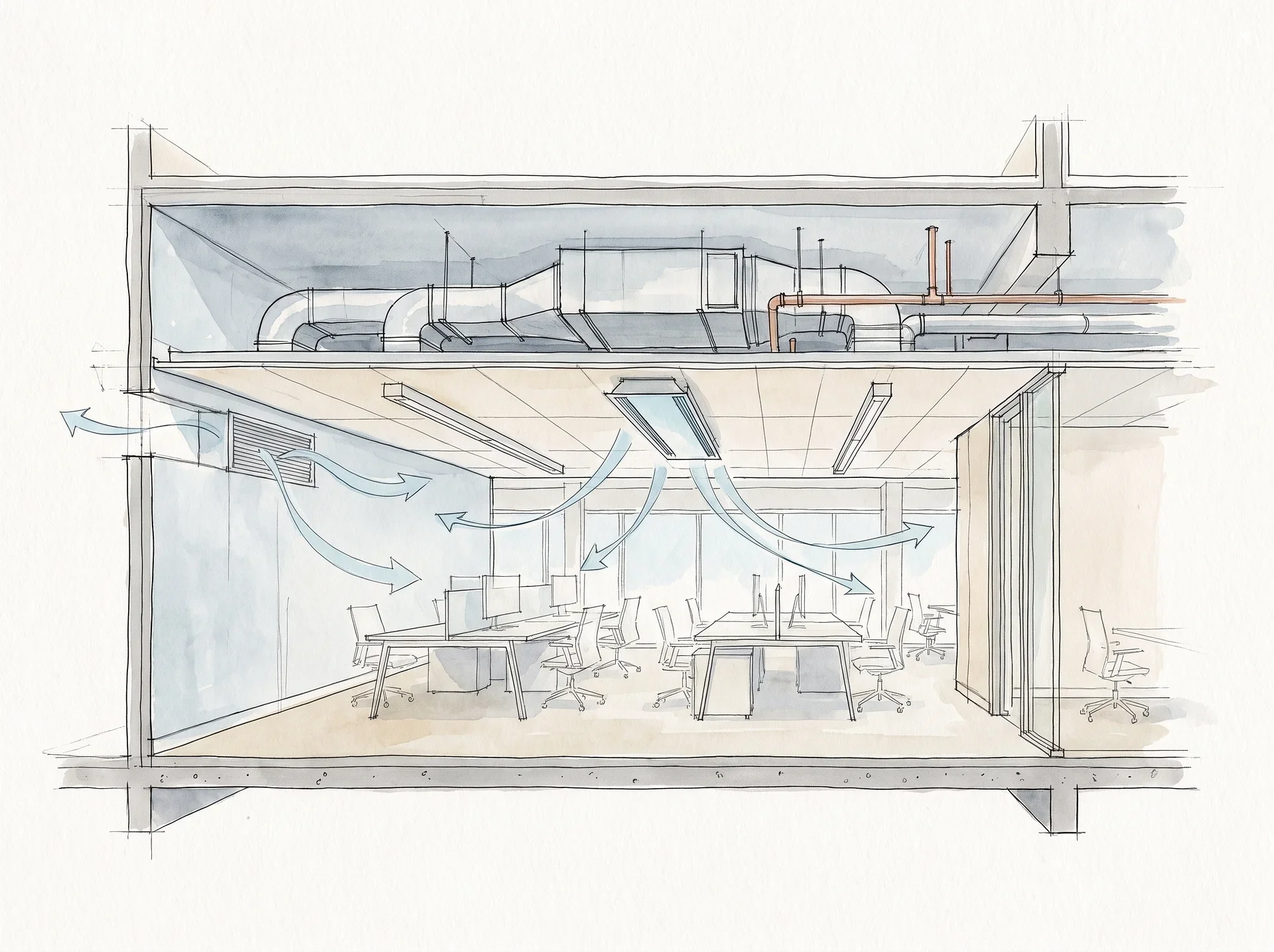 Arkitektonisk skiss av kontorsventilationssystem med luftflödespilarna synliga.