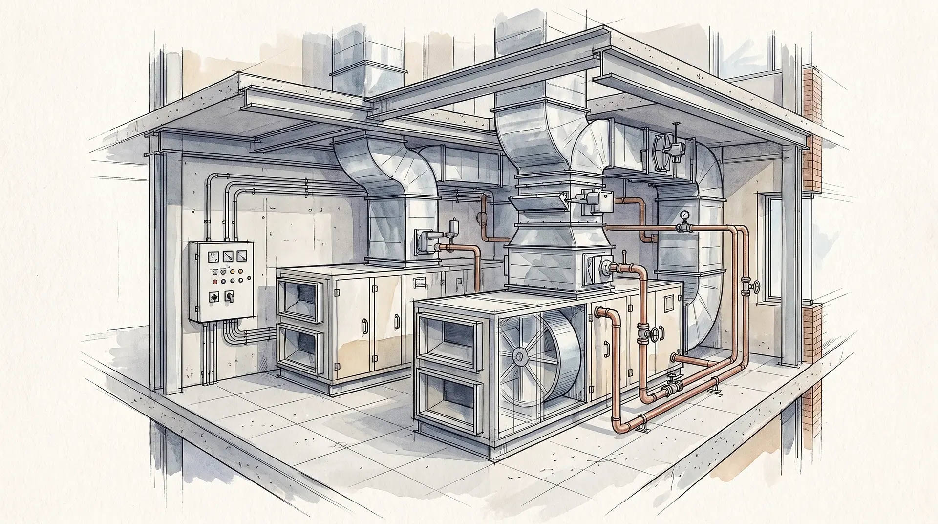 Teknisk illustration av ett ventilationssystem med rör och fläktar i maskinrum.