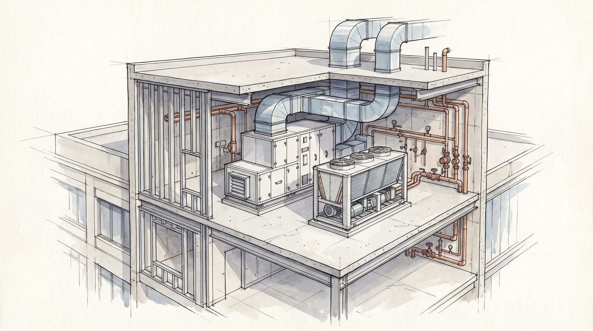 Teknisk illustration av ett byggnads VVS-system med ventilationskanaler och kopparrör.