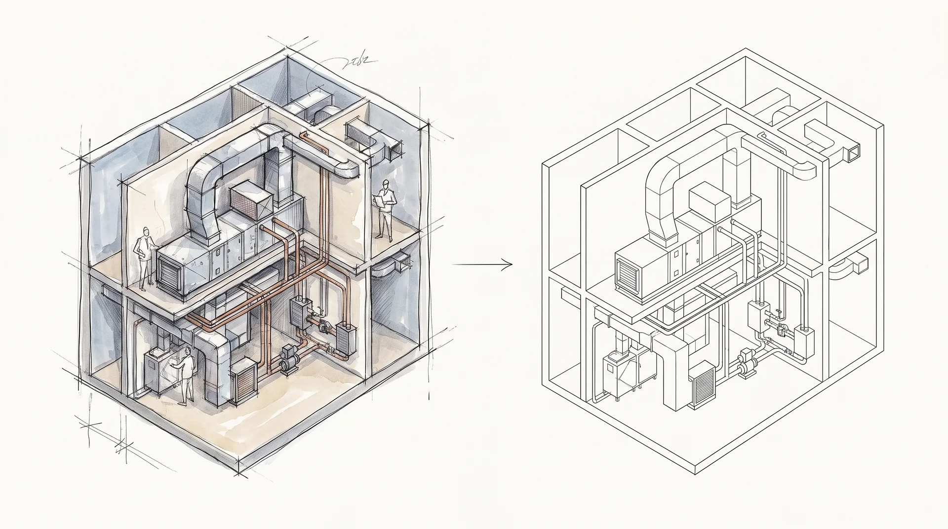 Isometrisk illustration av VVS-system i byggnad, skiss till CAD-ritning.