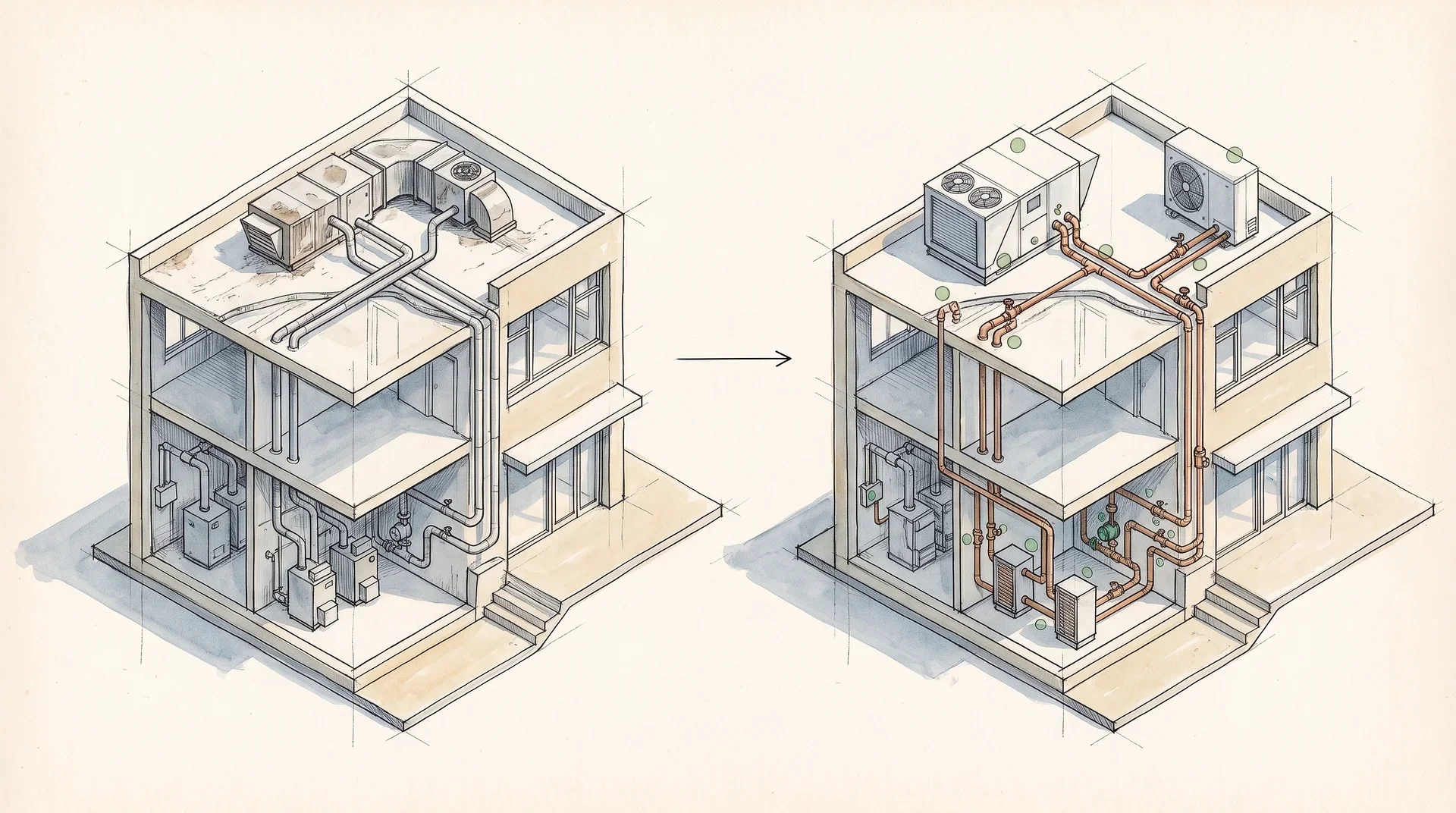 Isometrisk illustration av byggnad före och efter VVS-renovering.