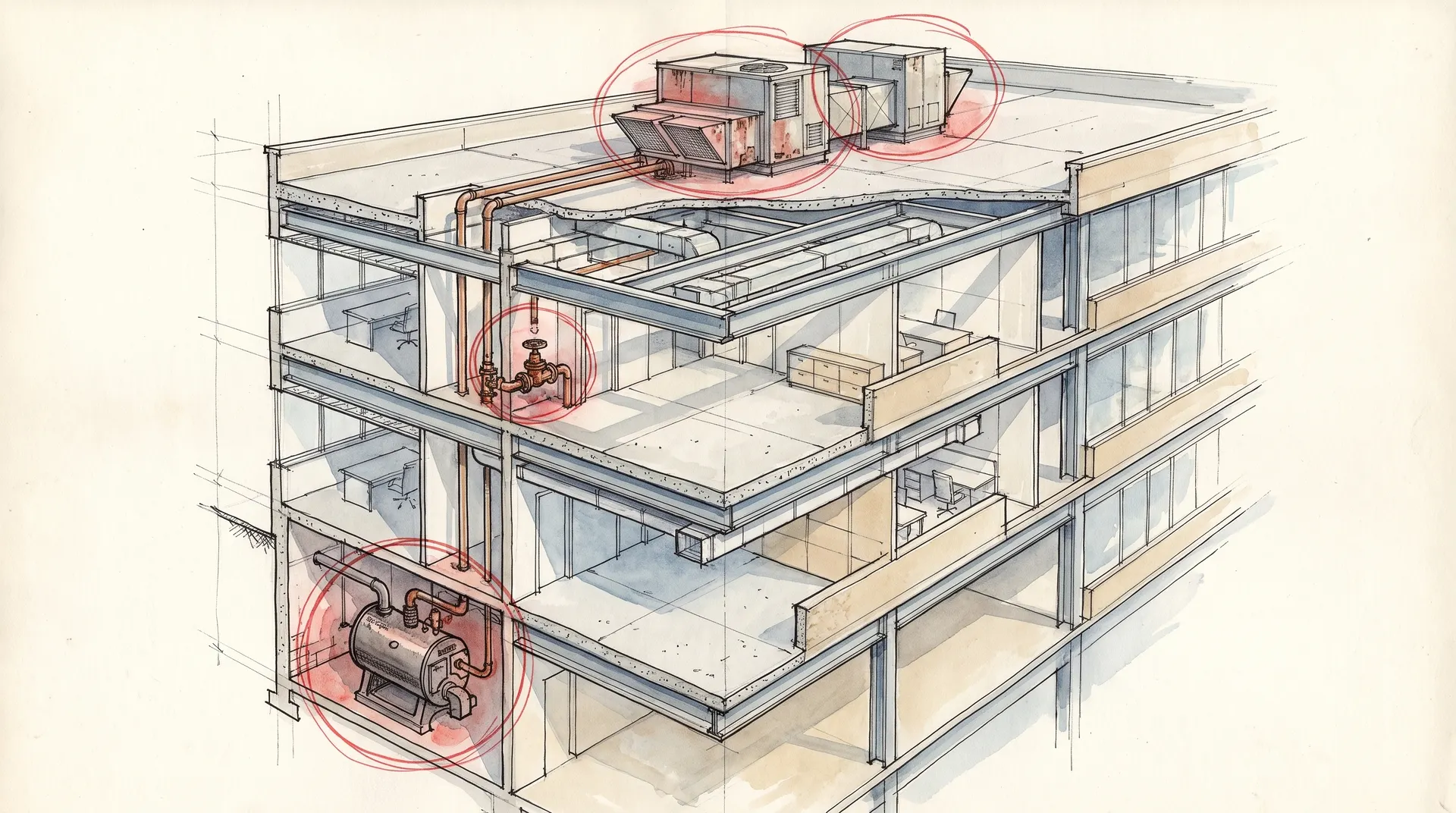Teknisk illustration av byggnads VVS-system med markerade komponenter på flera våningar.