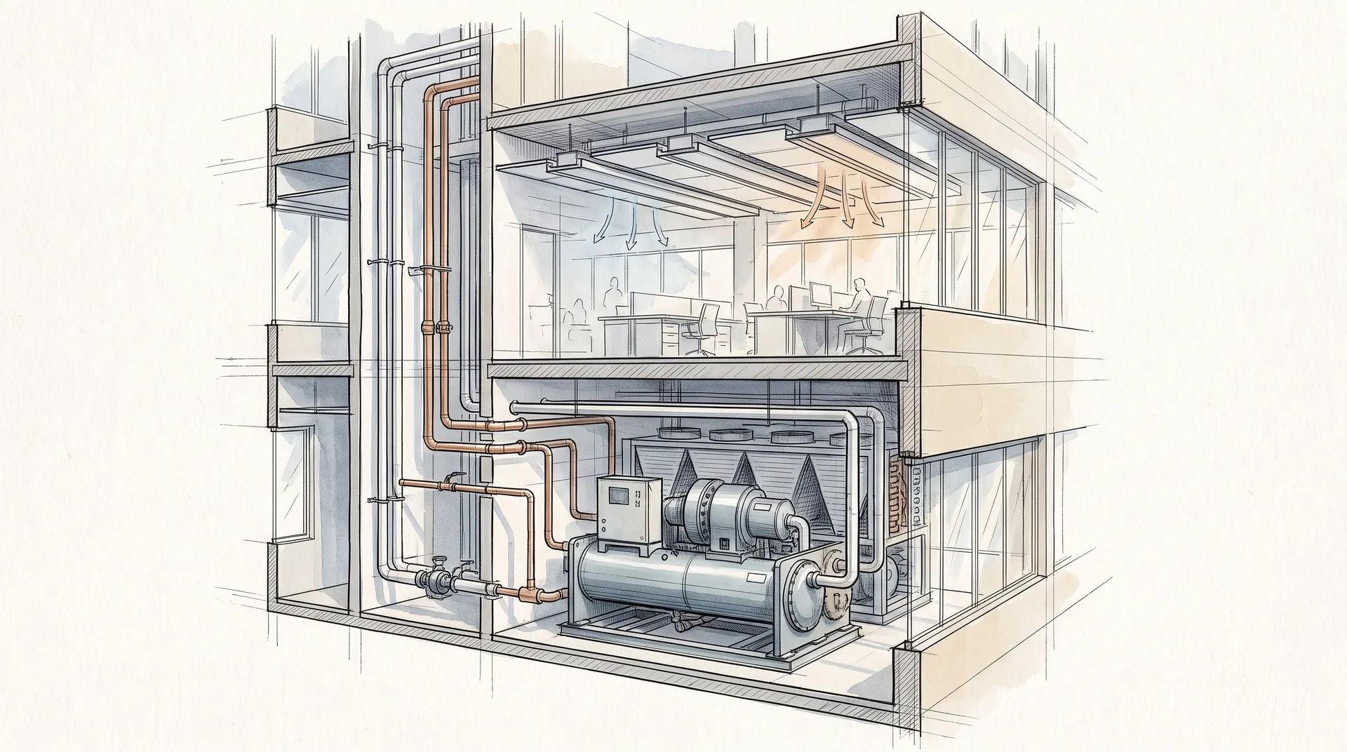 Teknisk illustration av ett byggnads HVAC-system med rör och kylaggregat.