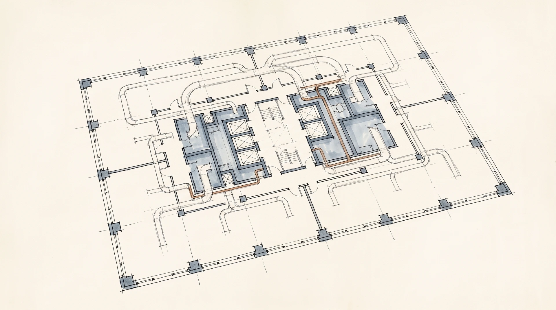 Arkitektonisk planritning med rörledningar och strukturella element i isometrisk vy.