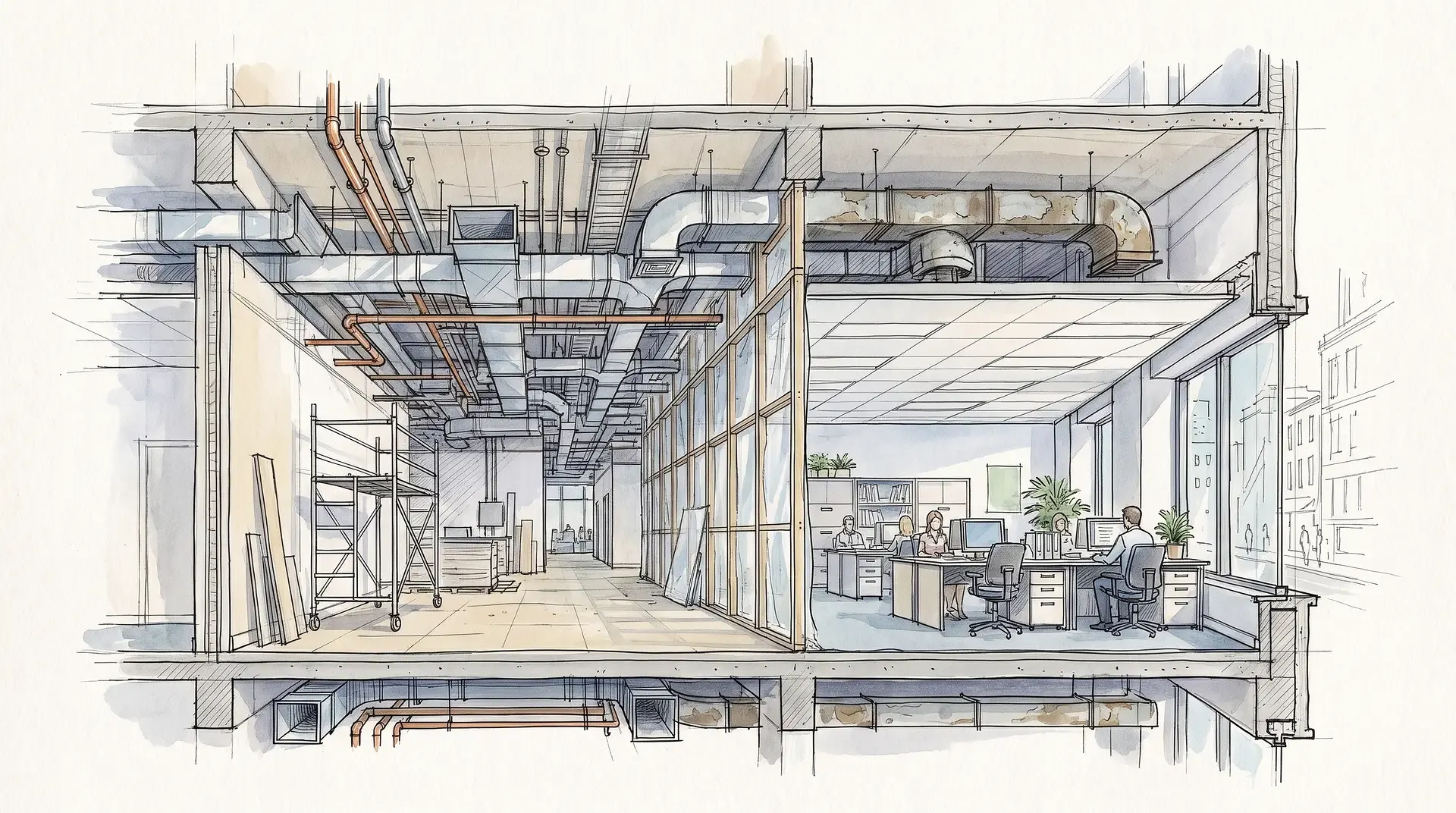 Arkitektonisk genomskärningsritning av kontor under renovering med synliga rör.