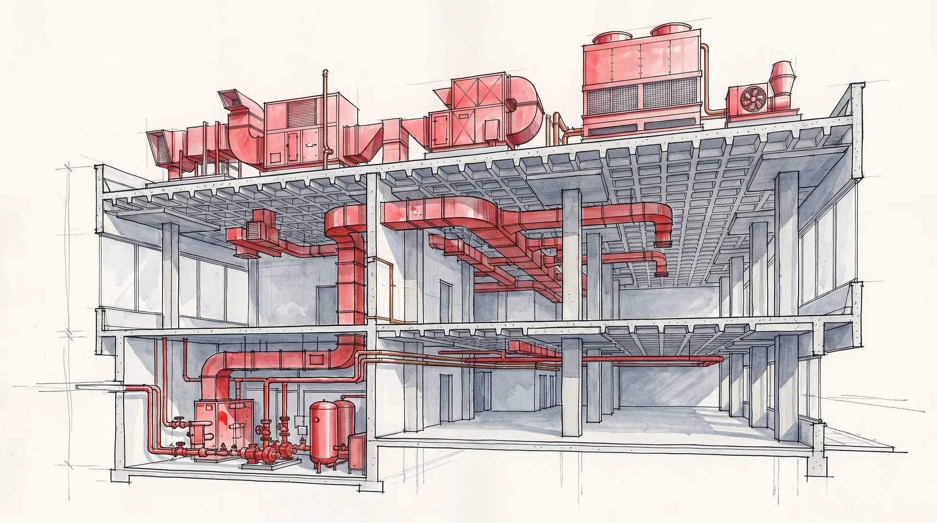 Arkitektonisk sektionsritning av byggnad med röda VVS-installationer och rörledningar.