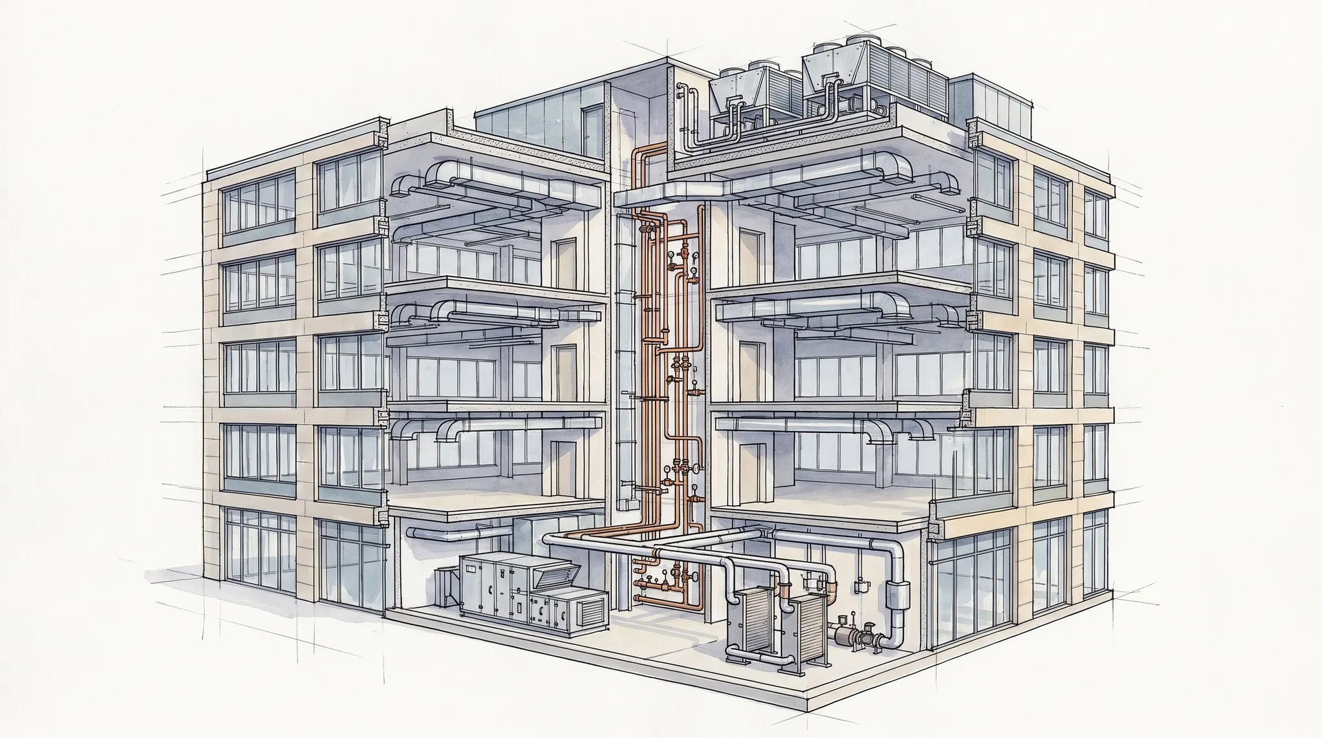 Genomskärning av flervåningsbyggnad som visar VVS-system och ventilationskanaler.
