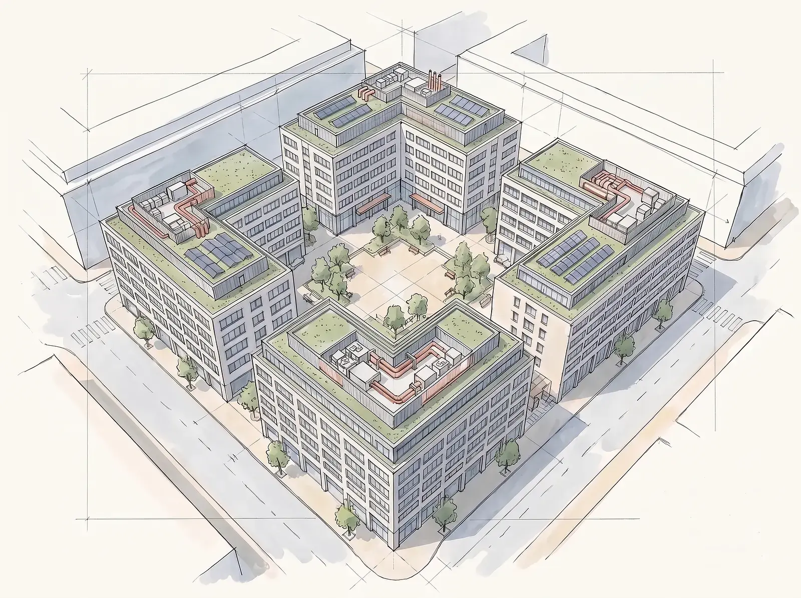 Isometrisk arkitektonisk skiss av stadskvarter med gröna tak och innergård.